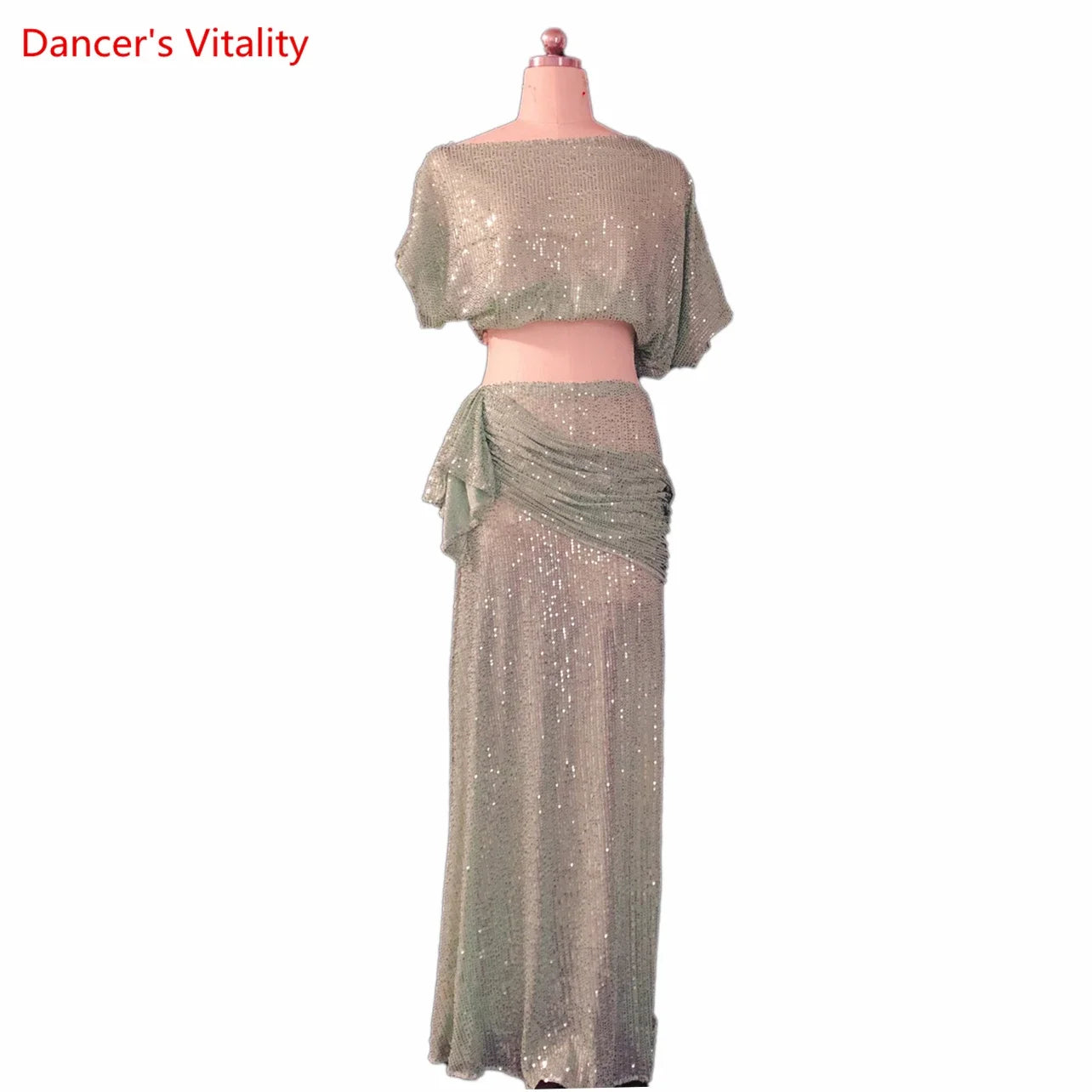 Belly Dance Costume Set Women's Customized Sequin Short SleeveTop+Split Long Skirt 2ps Oriental Dance Performance Costumes