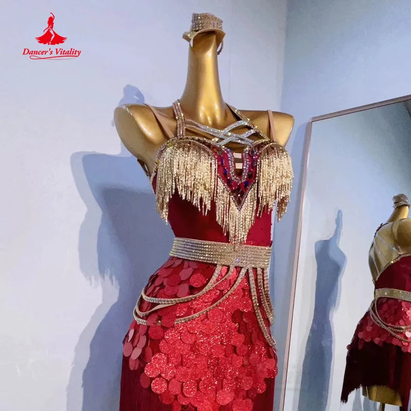 Latin Dance Competition Dresses Customization Large Sequin Sexy Backless Tassel Dress Women's Chacha Tango Performance Costumes