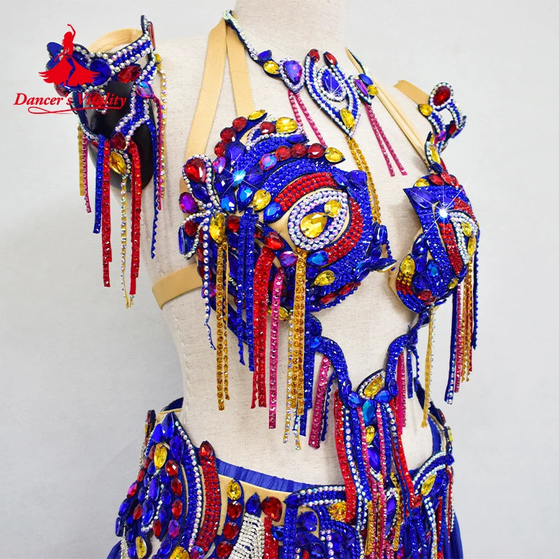BellyDance Costume Set Customized Luxury Rhinestone Bra+Sexy Split Chiffon Long Skirt 2pcs Oriental Dance Performance Clothing
