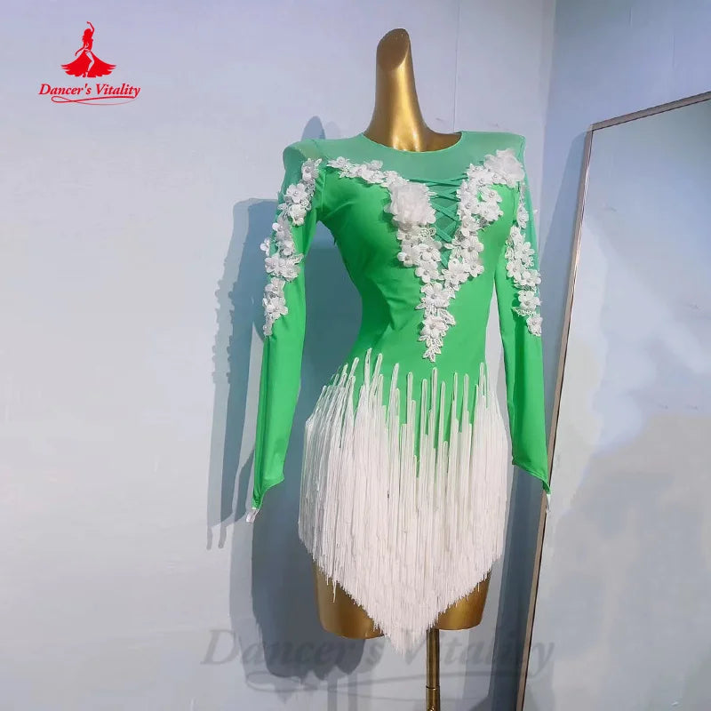 Latin Dance Performance Clothing Customized Flowers Tassels Long Sleeved Dress Women Tango Chacha Samba Competition Dresses