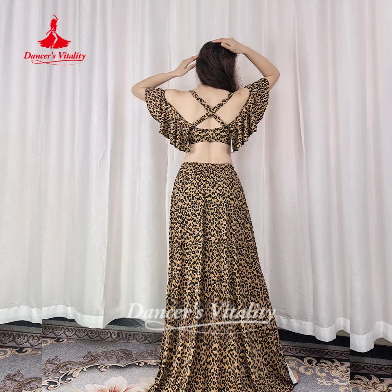 Belly Dance Practice Clothes Sexy Leopard Print V-neck Top+long Skirt 2pcs Adult Oriental Dance Clothing Dancer's Vitality