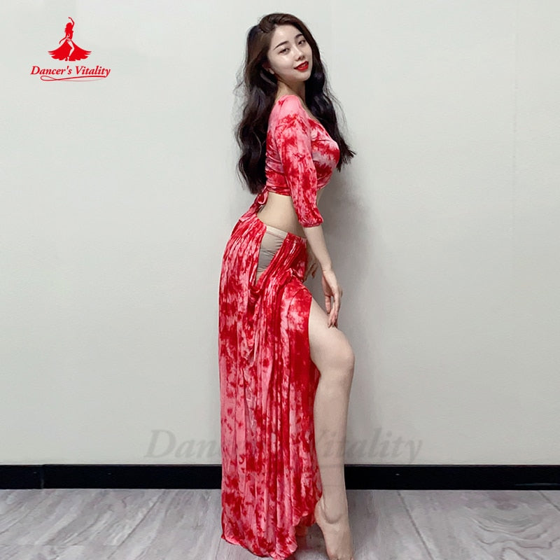 女士肚皮舞服装短袖上衣 + 扎染印花裙 2 件东方表演服装肚皮舞套装