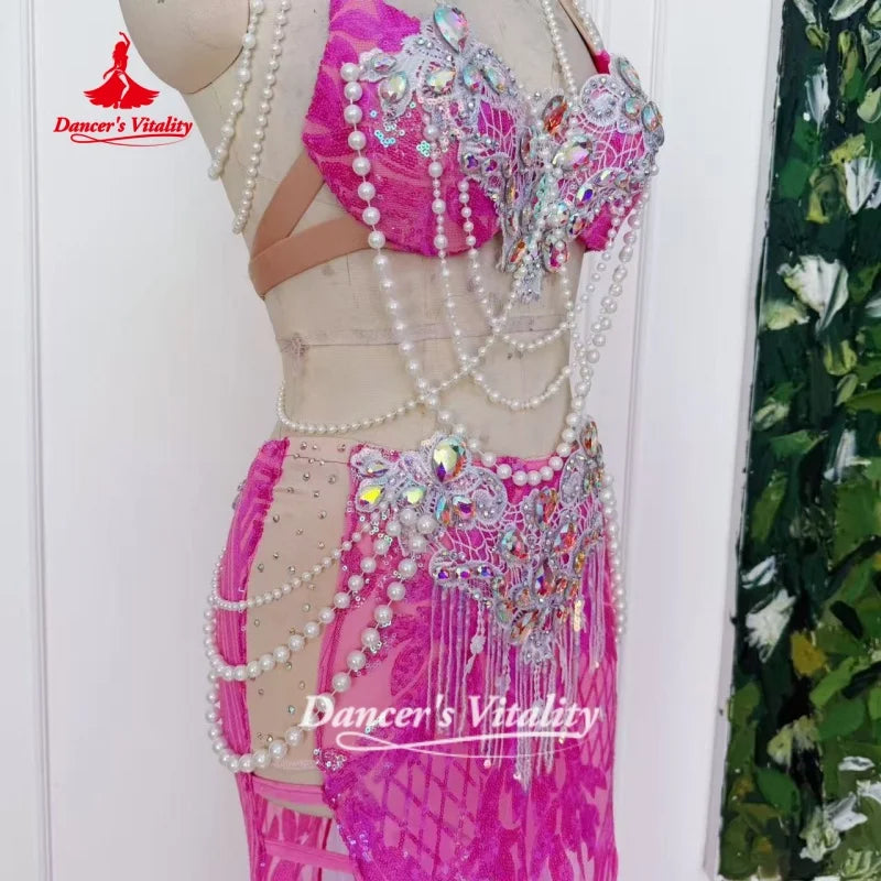 Belly Dance Outfit Customized Senior AB Stones Bra+Sequined Fishtail Long Skirt 2pcs Oriental Dance Clothing Dance's Vitality
