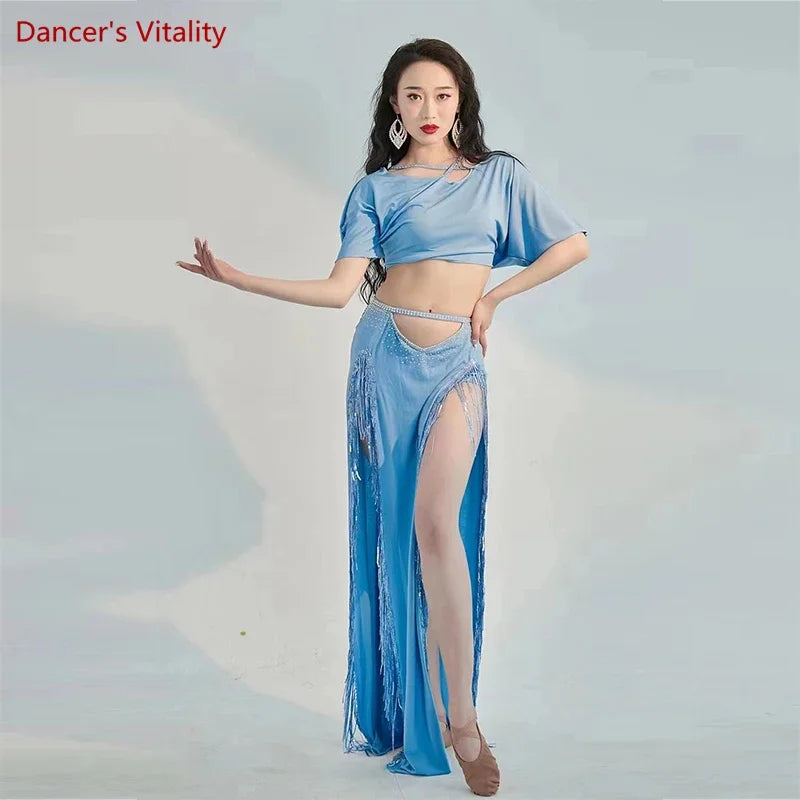 Belly Dance Professional Costumes Set Female Shining Performance Clothing Short Sleeves Top+long Skirt 2pcs Oriental Dance Wear