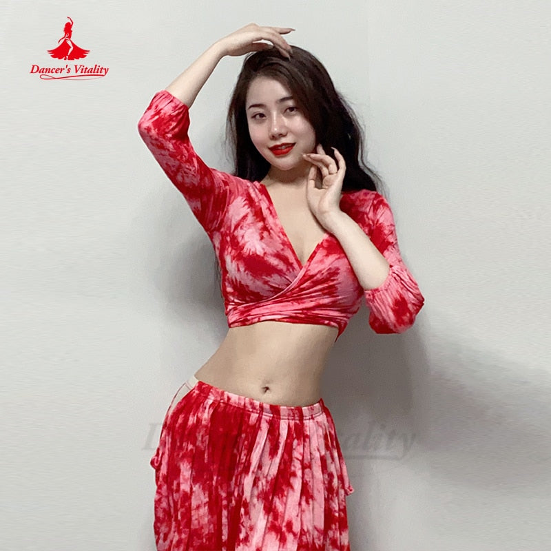 女士肚皮舞服装短袖上衣 + 扎染印花裙 2 件东方表演服装肚皮舞套装