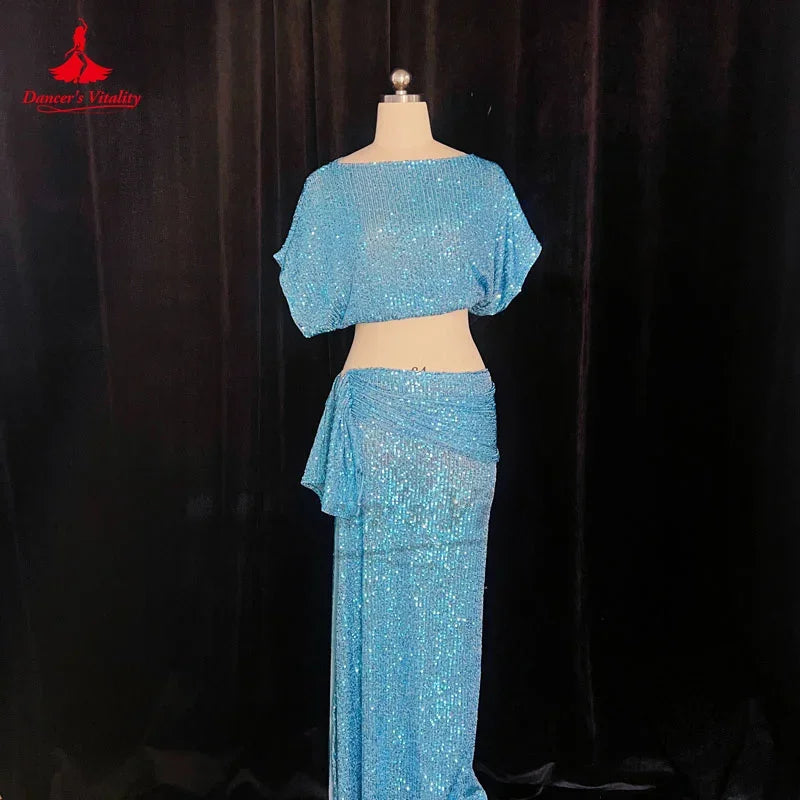 Belly Dance Costume Set Women's Customized Sequin Short SleeveTop+Split Long Skirt 2ps Oriental Dance Performance Costumes