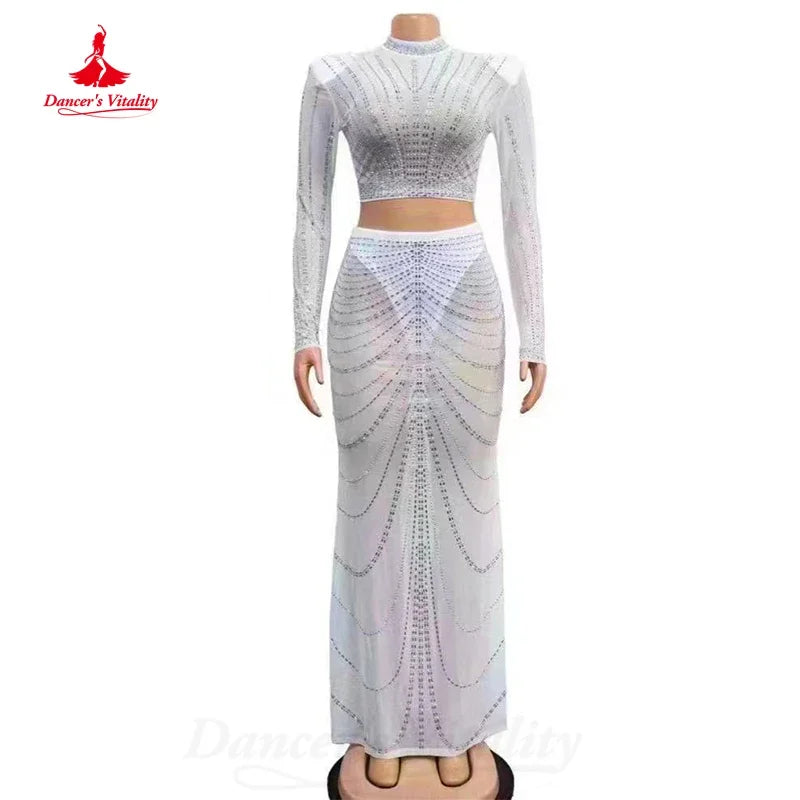 BellyDance Costume Light Luxury Set Long Sleeved Top+Wrap Buttocks Long Skirt 2pcs Women's Oriental Dance Performance Costumes