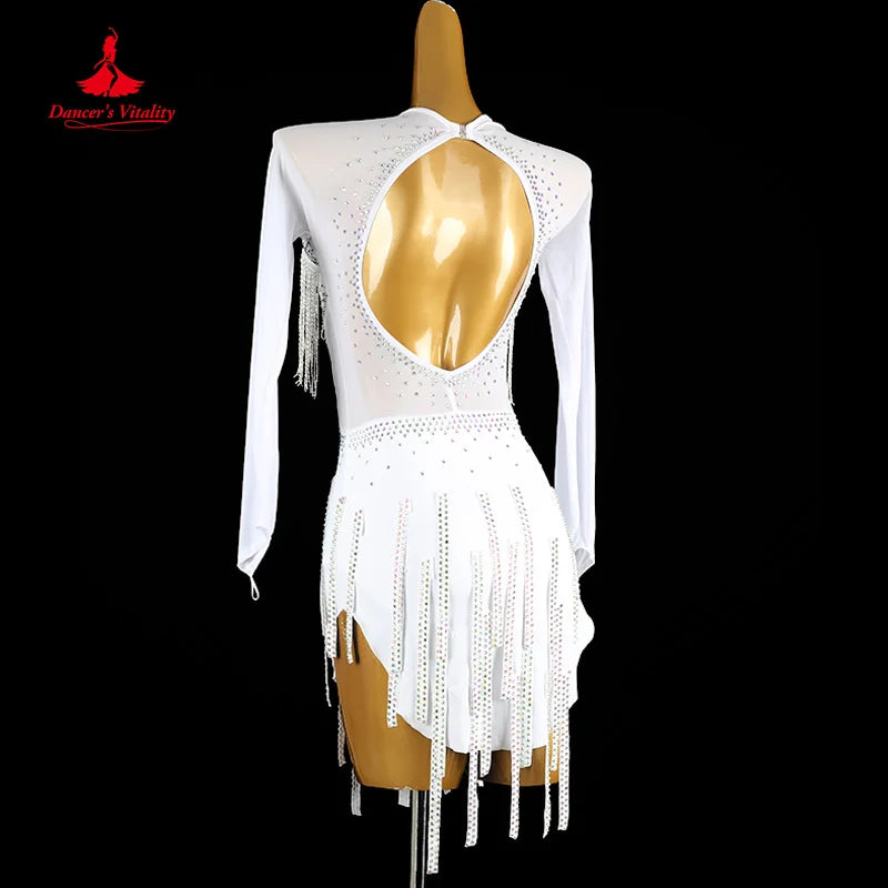 Latin Dance Competition Clothing Women Customized Light Luxury Sexy Backless Tassel Dress Tango Chacha Performance Costume