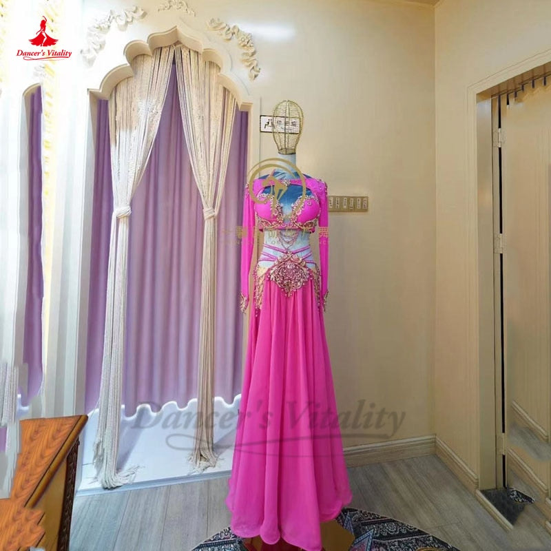 Belly Dance Costume Suit Senior Customized Dancing Competition Wear Bra+sleeves+split Skirt 3pcs for Women Oriental Wear Outfit