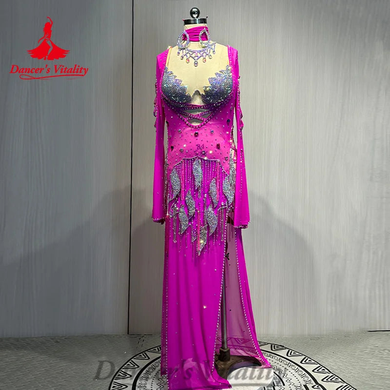 Belly Dance Suit Customized Luxury AB Stones Bra+Advanced Hot Diamond Tassel Long Skirt 2ps Oriental Dance Performance Costumes