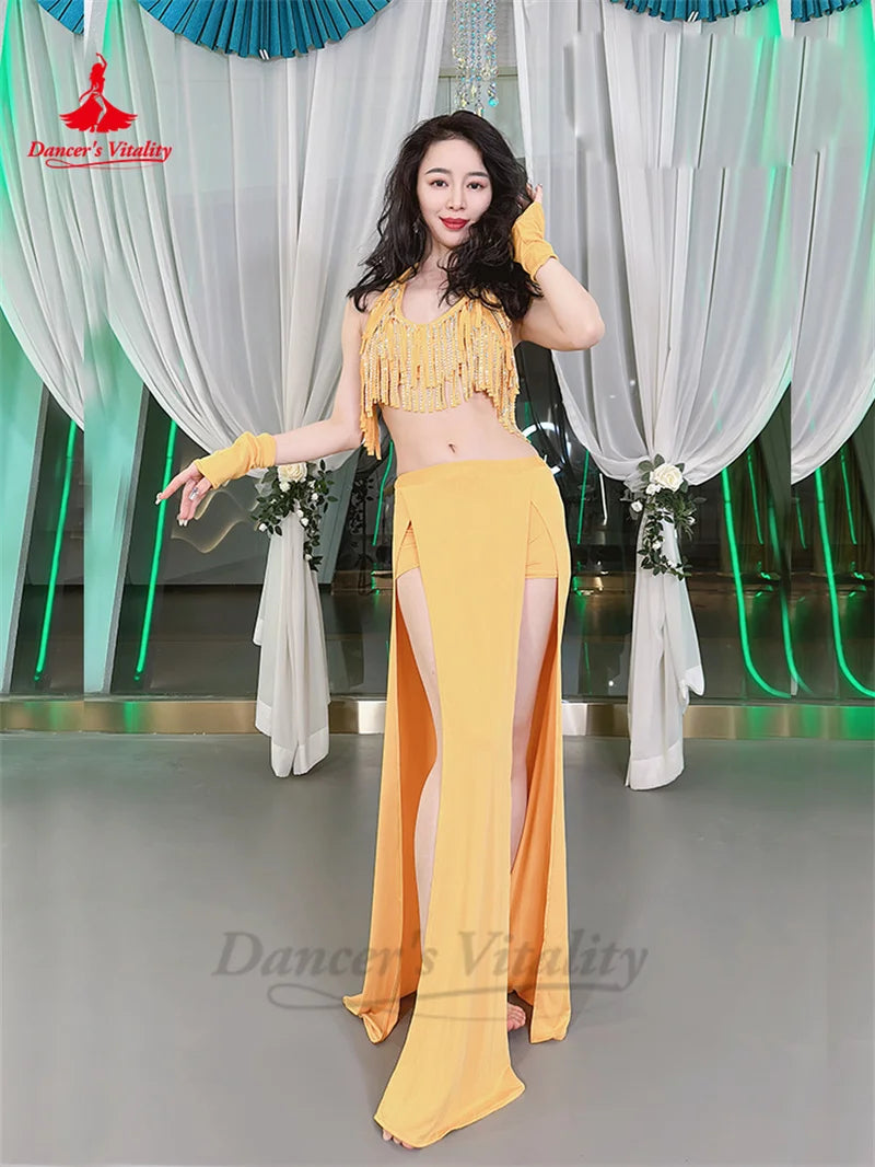 Belly Dance Performance Set for Women Senior AB Stones Top+long Skirt 2pcs Training Costume Girl Oriental Belly Dancing Outfit
