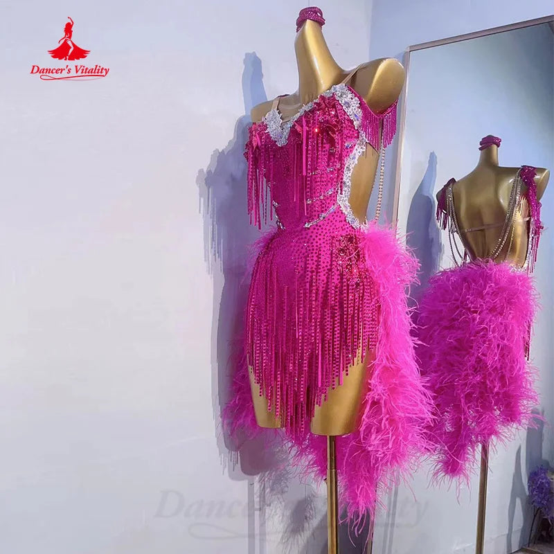 Latin Dance Competition Dresses Customization Senior AB Stones Feather Fringe Dress Adult Children Chacha Performance Costumes