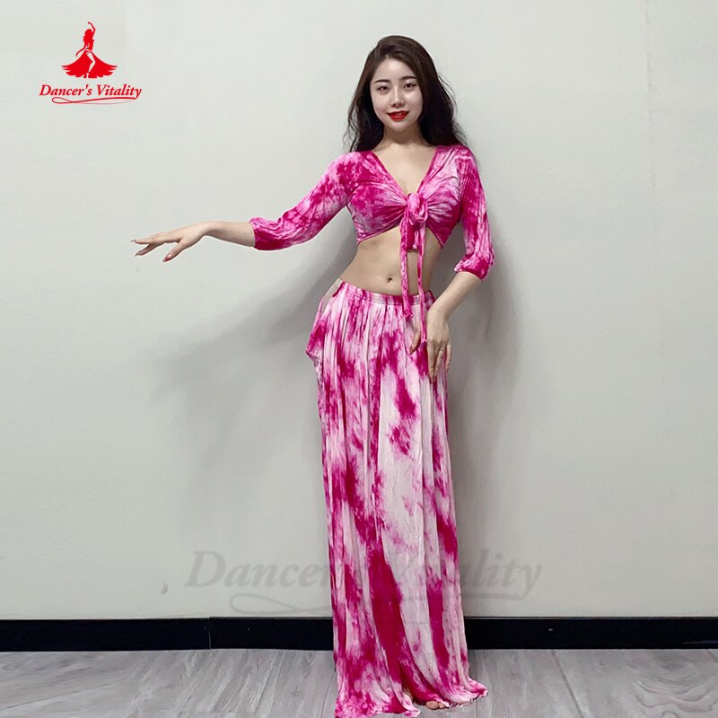 女士肚皮舞服装短袖上衣 + 扎染印花裙 2 件东方表演服装肚皮舞套装