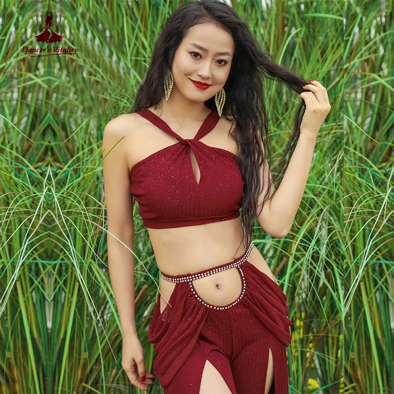 Women's Belly Dance Dance Suit Practice Clothes New Sexy Hollow Split Long Skirt+Top Bellydance Set Suit