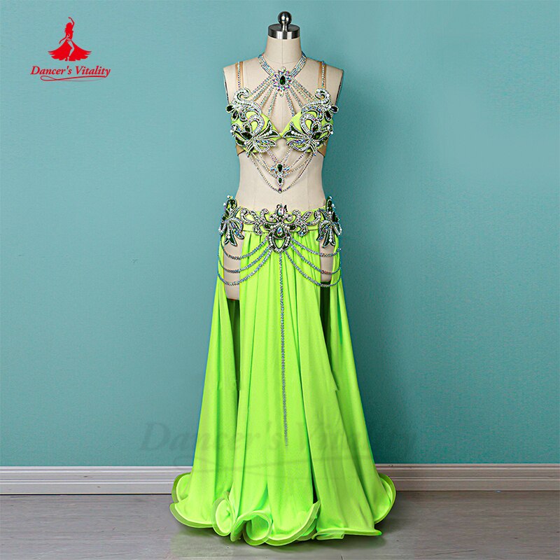 Belly Dance Performance Costume Suit Customsized for Women Child Stones Bra+sleeves+chiffon Skirt 3pcs Female Oriental Clothing