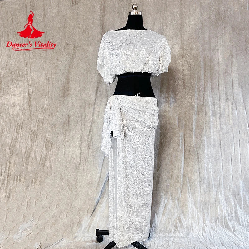 Belly Dance Costume Set Women's Customized Sequin Short SleeveTop+Split Long Skirt 2ps Oriental Dance Performance Costumes