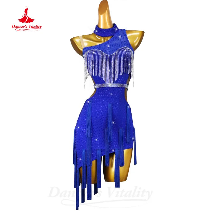 Latin Dance Clothing Customized Luxury Rhinestone Sexy Tassel Dress Adults and Children Tango Chacha Samba Competition Dresses