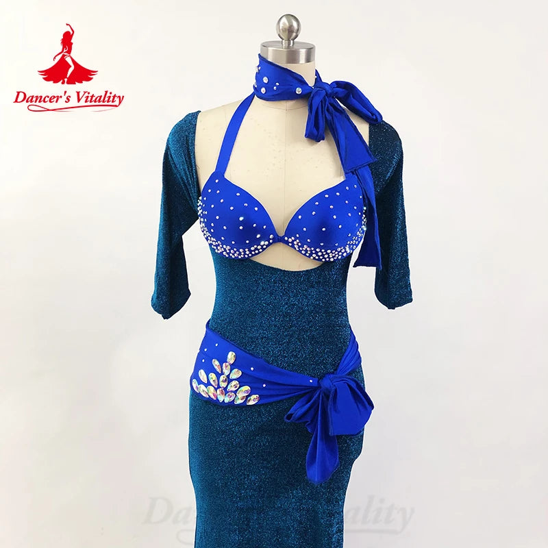 Belly Dance Costume Suit Customized AB Stones Bra+Wrapped Buttocks Fish Tail Long Skirt 2ps Oriental Dance Performance Costumes