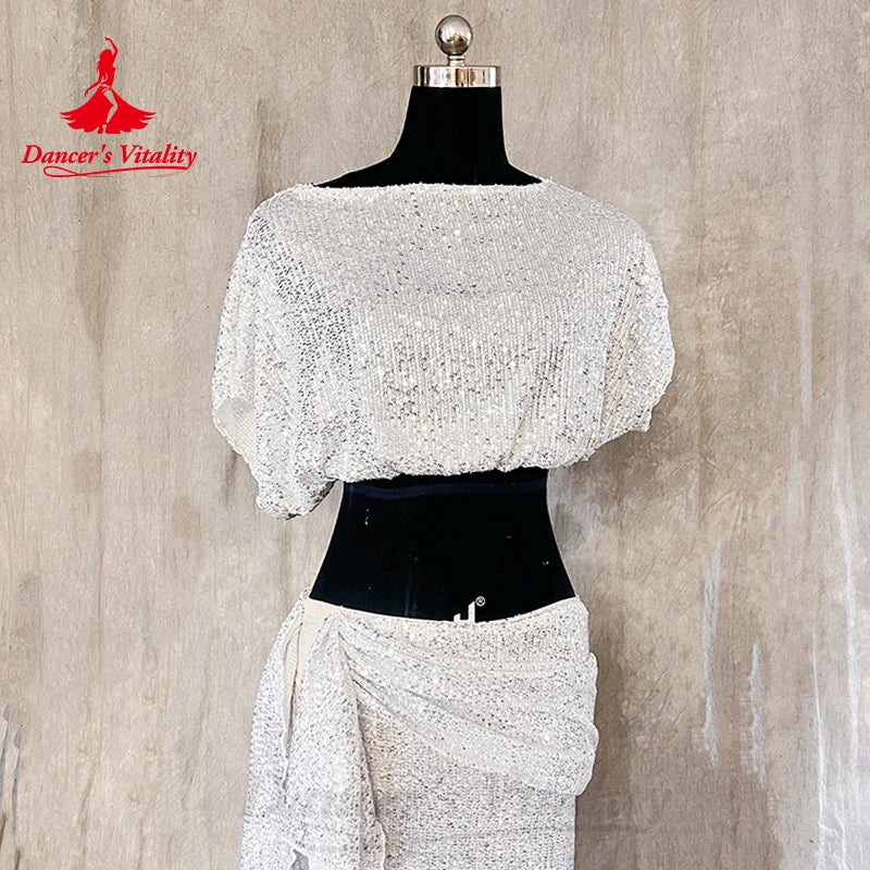 Belly Dance Costume Set Women's Customized Sequin Short SleeveTop+Split Long Skirt 2ps Oriental Dance Performance Costumes