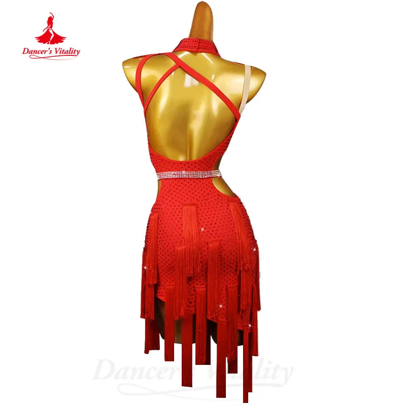 Latin Dance Clothing Customized Luxury Rhinestone Sexy Tassel Dress Adults and Children Tango Chacha Samba Competition Dresses