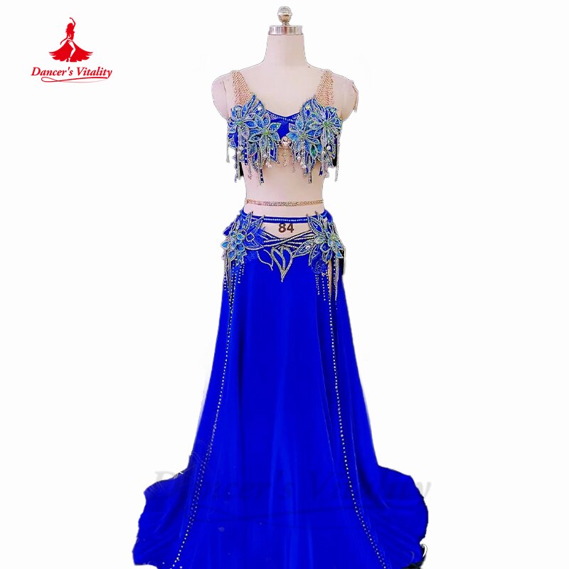 Belly Dancer Competition Costumes for Women Exotic Dancewear Bra+sleeves+long Skirt 2pcs Customsized Children Dancing Outfit