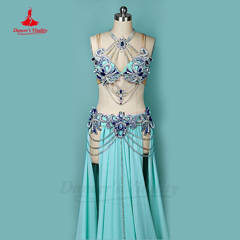 Belly Dance Performance Costume Suit Customsized for Women Child Stones Bra+sleeves+chiffon Skirt 3pcs Female Oriental Clothing