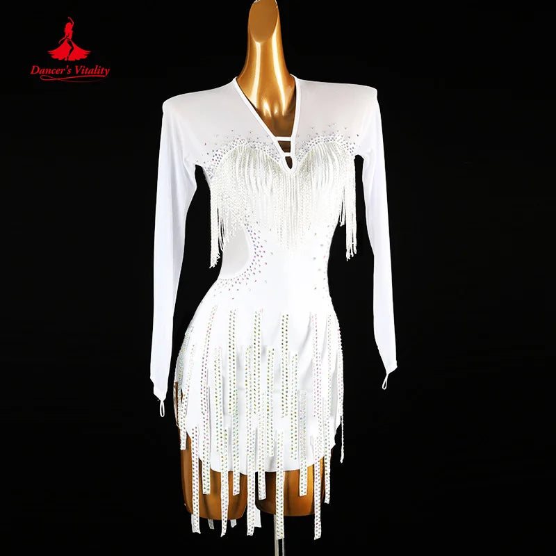Latin Dance Competition Clothing Women Customized Light Luxury Sexy Backless Tassel Dress Tango Chacha Performance Costume