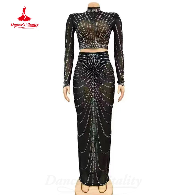 BellyDance Costume Light Luxury Set Long Sleeved Top+Wrap Buttocks Long Skirt 2pcs Women's Oriental Dance Performance Costumes