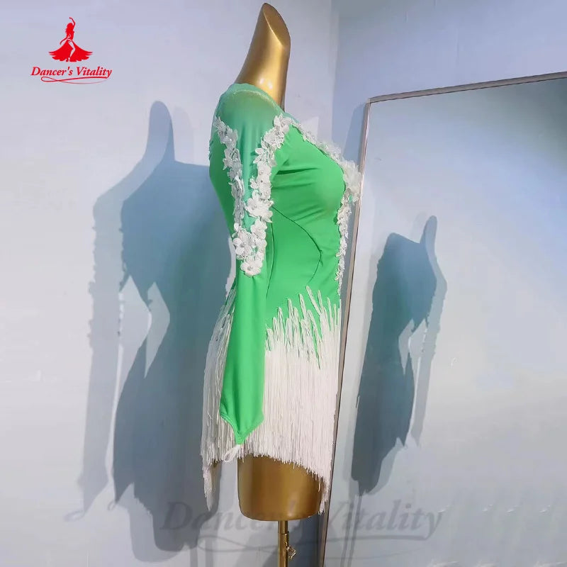 Latin Dance Performance Clothing Customized Flowers Tassels Long Sleeved Dress Women Tango Chacha Samba Competition Dresses