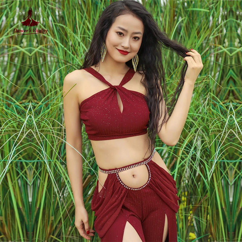 Women's Belly Dance Dance Suit Practice Clothes New Sexy Hollow Split Long Skirt+Top Bellydance Set Suit