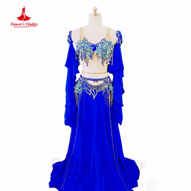 Belly Dancer Competition Costumes for Women Exotic Dancewear Bra+sleeves+long Skirt 2pcs Customsized Children Dancing Outfit