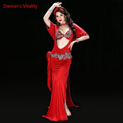 Belly Dance Performance Clothing for Women Shaabi Baladi 4pcs Bra+Robe+Headband+Belt+Underpants Belly Dancing Stage Robes