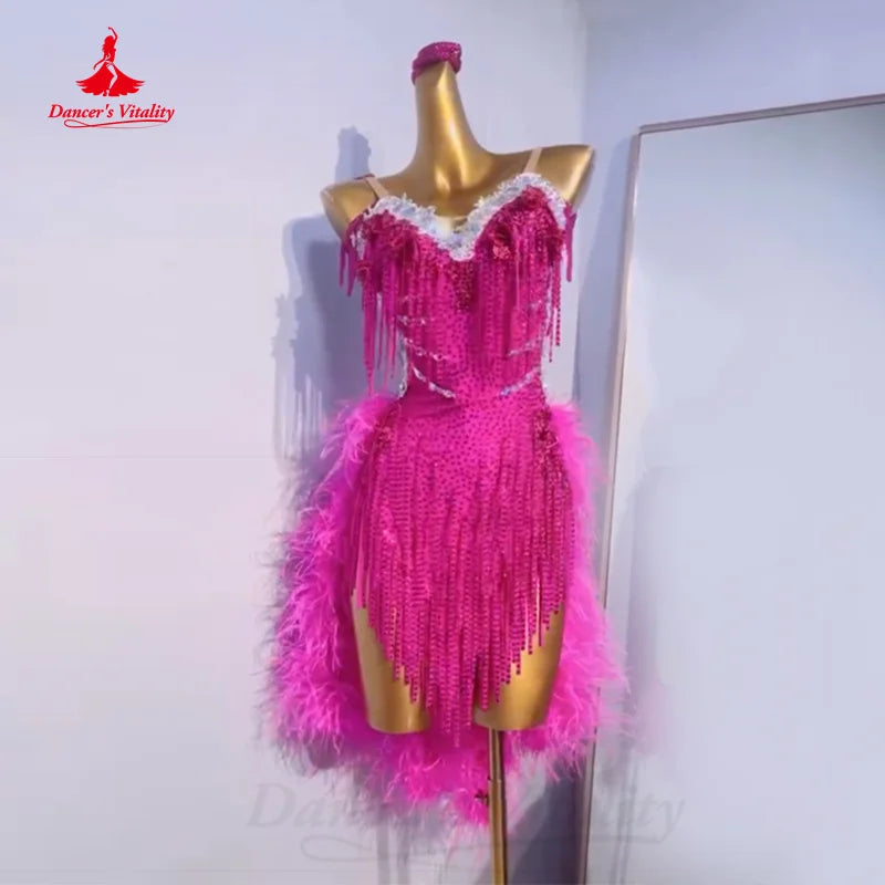 Latin Dance Competition Dresses Customization Senior AB Stones Feather Fringe Dress Adult Children Chacha Performance Costumes