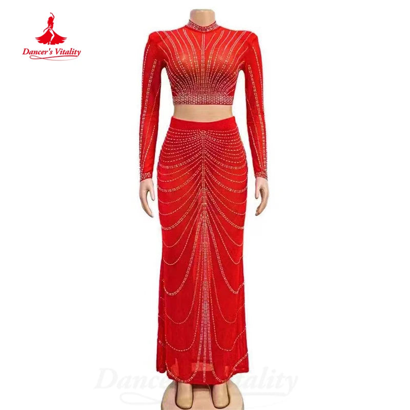 BellyDance Costume Light Luxury Set Long Sleeved Top+Wrap Buttocks Long Skirt 2pcs Women's Oriental Dance Performance Costumes
