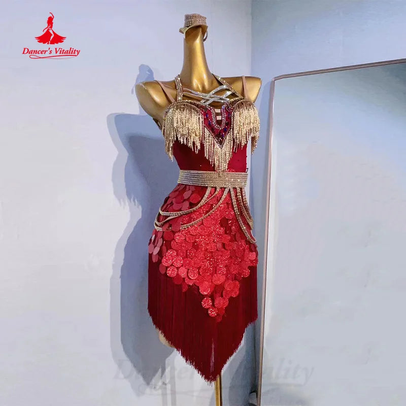 Latin Dance Competition Dresses Customization Large Sequin Sexy Backless Tassel Dress Women's Chacha Tango Performance Costumes