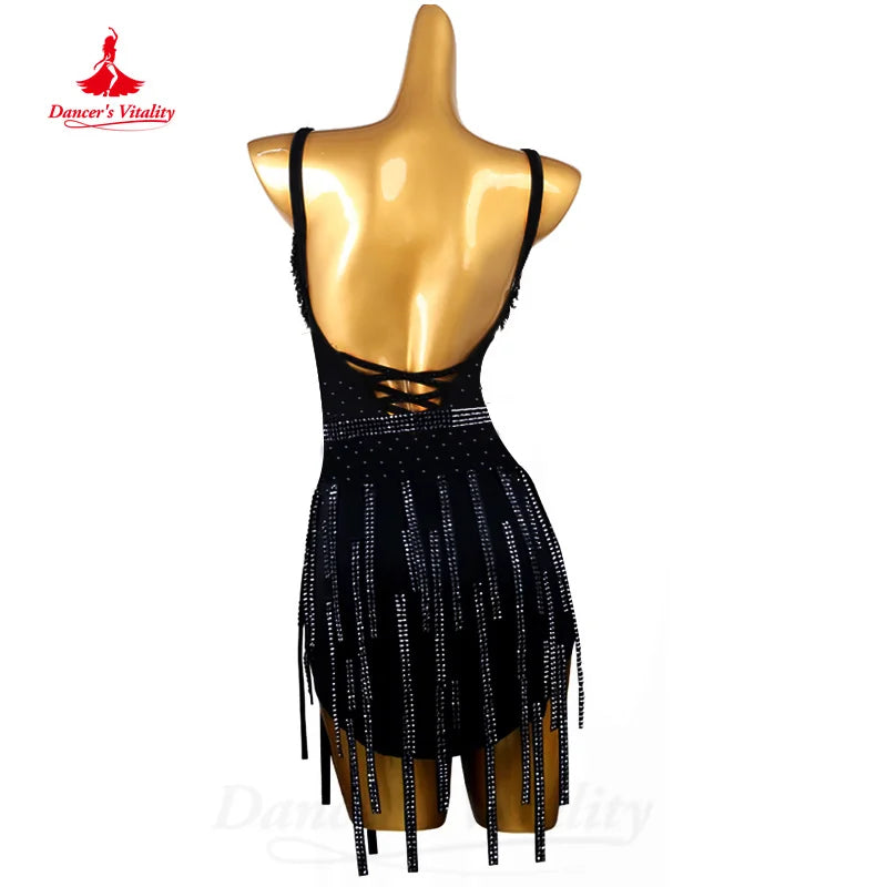 Latin Dancing Dresses Women's Customization Black Sexy Backless Tassel Dress Tango Chacha Samba Professional Performance Costume