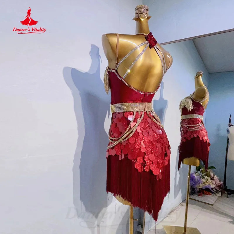 Latin Dance Competition Dresses Customization Large Sequin Sexy Backless Tassel Dress Women's Chacha Tango Performance Costumes