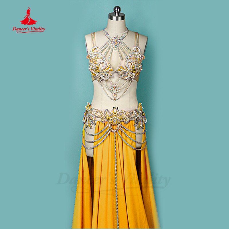 Belly Dance Performance Costume Suit Customsized for Women Child Stones Bra+sleeves+chiffon Skirt 3pcs Female Oriental Clothing