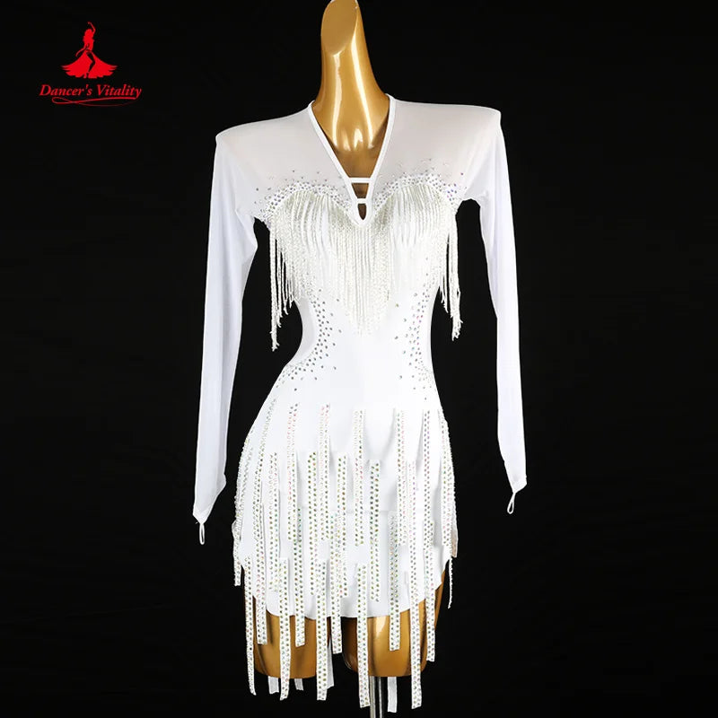 Latin Dance Competition Clothing Women Customized Light Luxury Sexy Backless Tassel Dress Tango Chacha Performance Costume