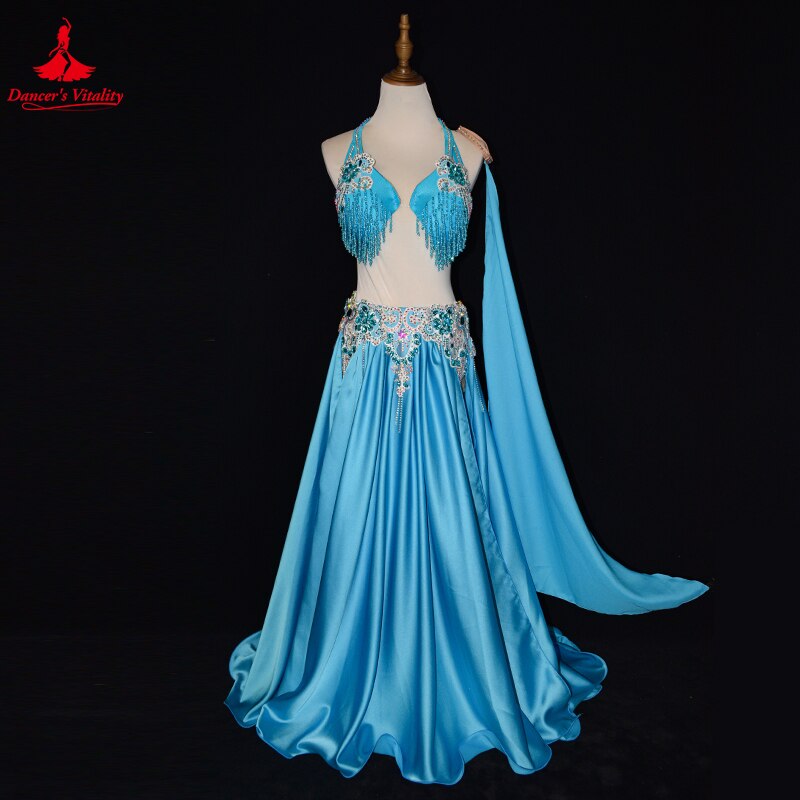 Belly Danceer Competition Costumes Suit Senior AB Stones Tassel Bra+split Long Skirt 2pcs for Women Customsized Belly Dance Wear