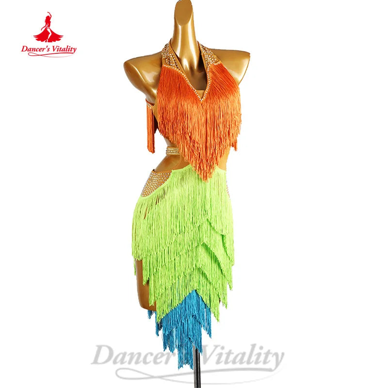 Latin Dance Competition Clothing Customized Senior AB Stones Gradient Tassel Dress Women Tango Chacha Rumba Performance Costume