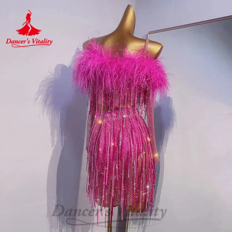 Latin Dance Tassel Dress Senior AB Stones Performance Costumes Customized Adult Children Tango Chacha Rumba Competition Dresses