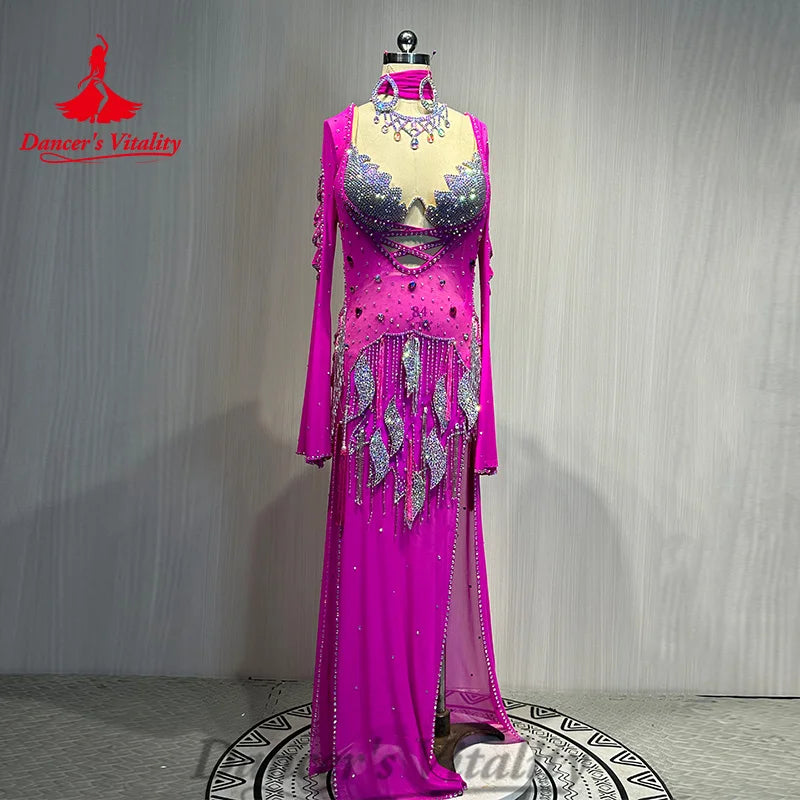 Belly Dance Suit Customized Luxury AB Stones Bra+Advanced Hot Diamond Tassel Long Skirt 2ps Oriental Dance Performance Costumes