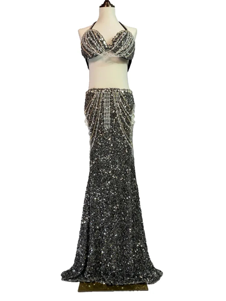 Bellydance Costumes Women's Sets Diamonds Bra+ Sexy Sequin Long Skirt Oriental Dance Professional Performance Clothing