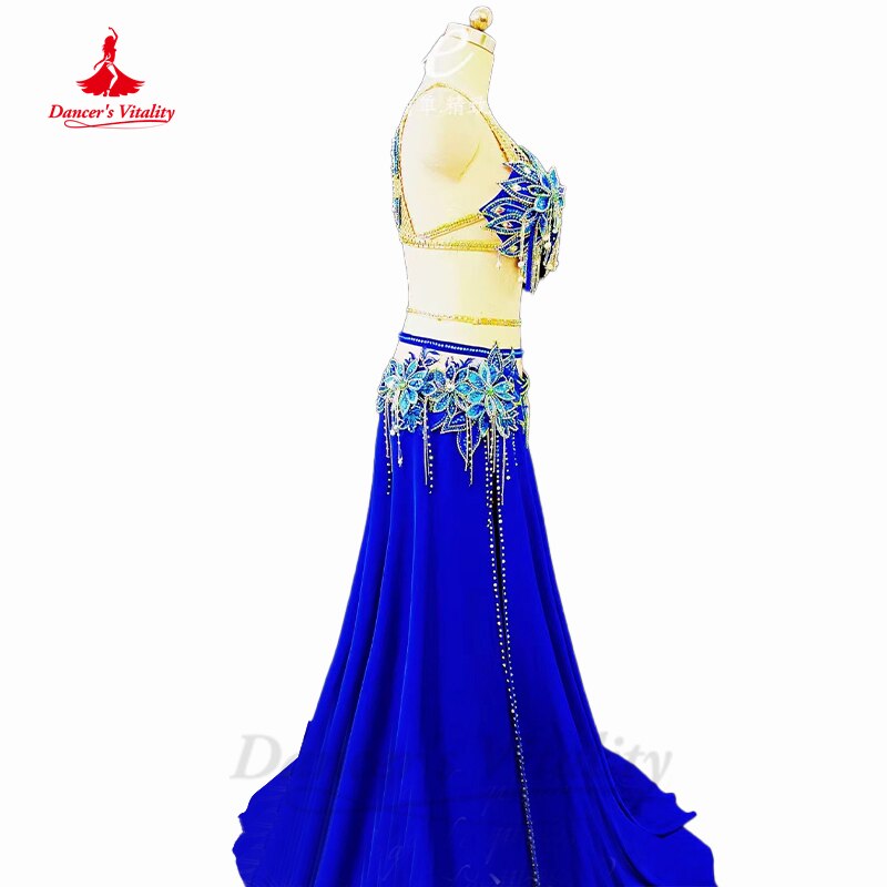 Belly Dancer Competition Costumes for Women Exotic Dancewear Bra+sleeves+long Skirt 2pcs Customsized Children Dancing Outfit