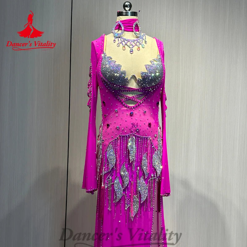 Belly Dance Suit Customized Luxury AB Stones Bra+Advanced Hot Diamond Tassel Long Skirt 2ps Oriental Dance Performance Costumes