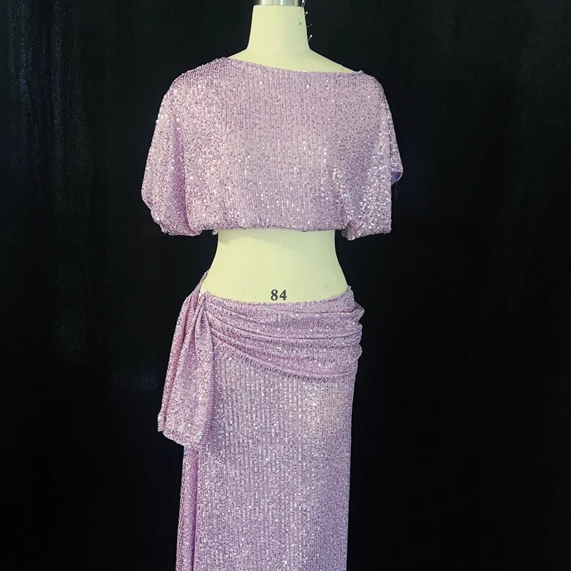 Belly Dance Costume Set Women's Customized Sequin Short SleeveTop+Split Long Skirt 2ps Oriental Dance Performance Costumes
