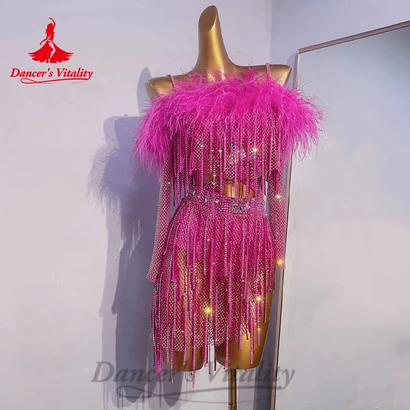 Latin Dance Tassel Dress Senior AB Stones Performance Costumes Customized Adult Children Tango Chacha Rumba Competition Dresses