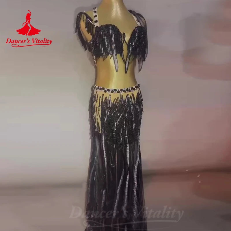 Bellydance Costumes Women's Sets Diamonds Bra+sexy Pearl Tassels Long Skirt Oriental Dance Professional Performance Clothing