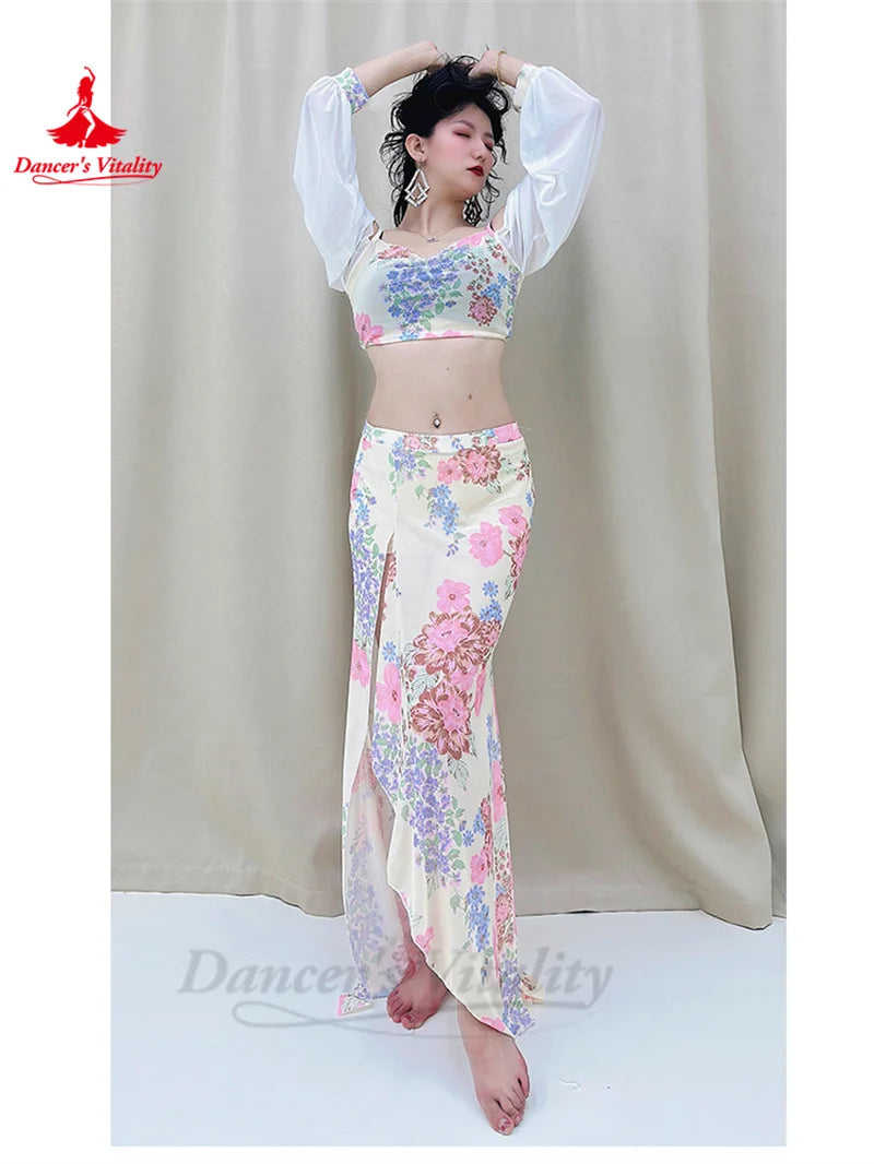 女士肚皮舞练习服雪纺长袖上衣+印花长裙 2 件套成人东方肚皮舞服装